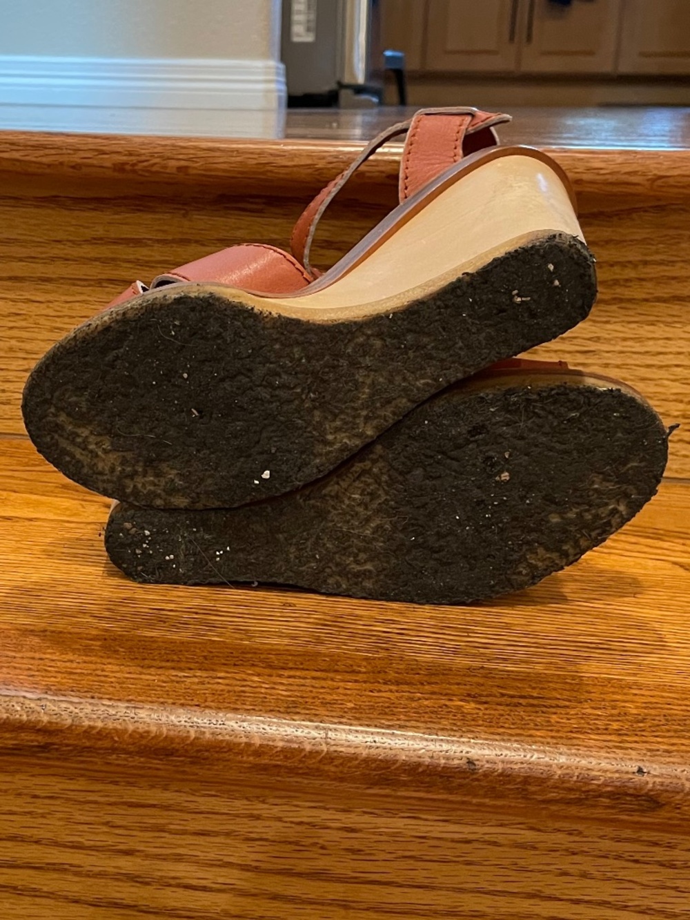 Chloé Vintage Cognac Leather Wooden Wedge Platform Sandals Size 38 (US 7.5/8) - Picture 2 of 7